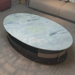 Oval Pale Green Marble Coffee Table with Cream Leather Band and Dark Glossy Wood